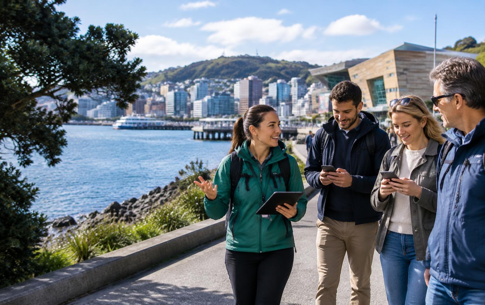 A guide sharing a waterfront tour with guests using their phones